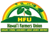 HFU Hawaiʻi Farmers Union logo with green leaves and islands, listing Kauaʻi, Oʻahu, Molokaʻi, Maui, Lānaʻi, Hawaiʻi