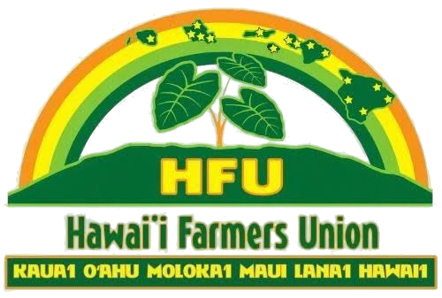 HFU Hawaiʻi Farmers Union logo with green leaves and islands, listing Kauaʻi, Oʻahu, Molokaʻi, Maui, Lānaʻi, Hawaiʻi