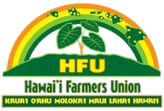 Hawai'i Farmers Union logo with green leaves, rainbow arc, and text for Kaua'i, O'ahu, Moloka'i, Maui, Lāna'i, Hawai'i