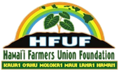 HEUE Hawaii Farmers Union Foundation logo with rainbow, leaves, and island names