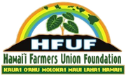 HEUE Hawaii Farmers Union Foundation logo with rainbow, leaves, and island names