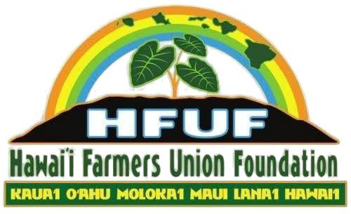 HEUE Hawaii Farmers Union Foundation logo with rainbow, leaves, and island names