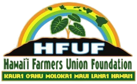 HEUE Hawai‘i Farmers Union Foundation logo with rainbow, leaves, and island names