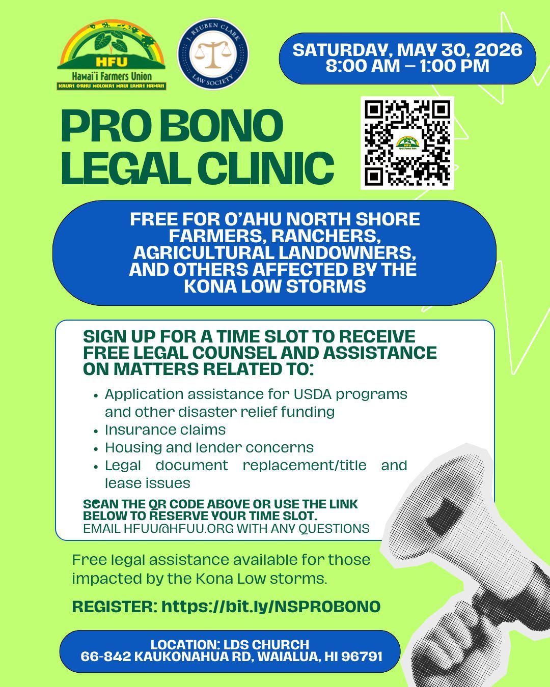 Pro bono legal clinic flyer with blue-green background, event details, QR code, and informational text about free help