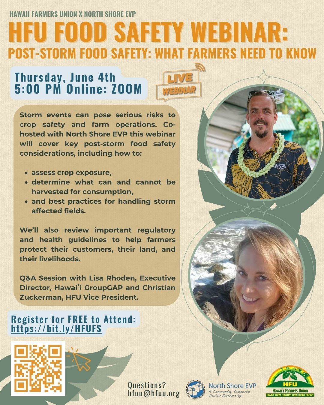 Poster for “HFU Food Safety Webinar” with two speaker photos and webinar details on a tan background.