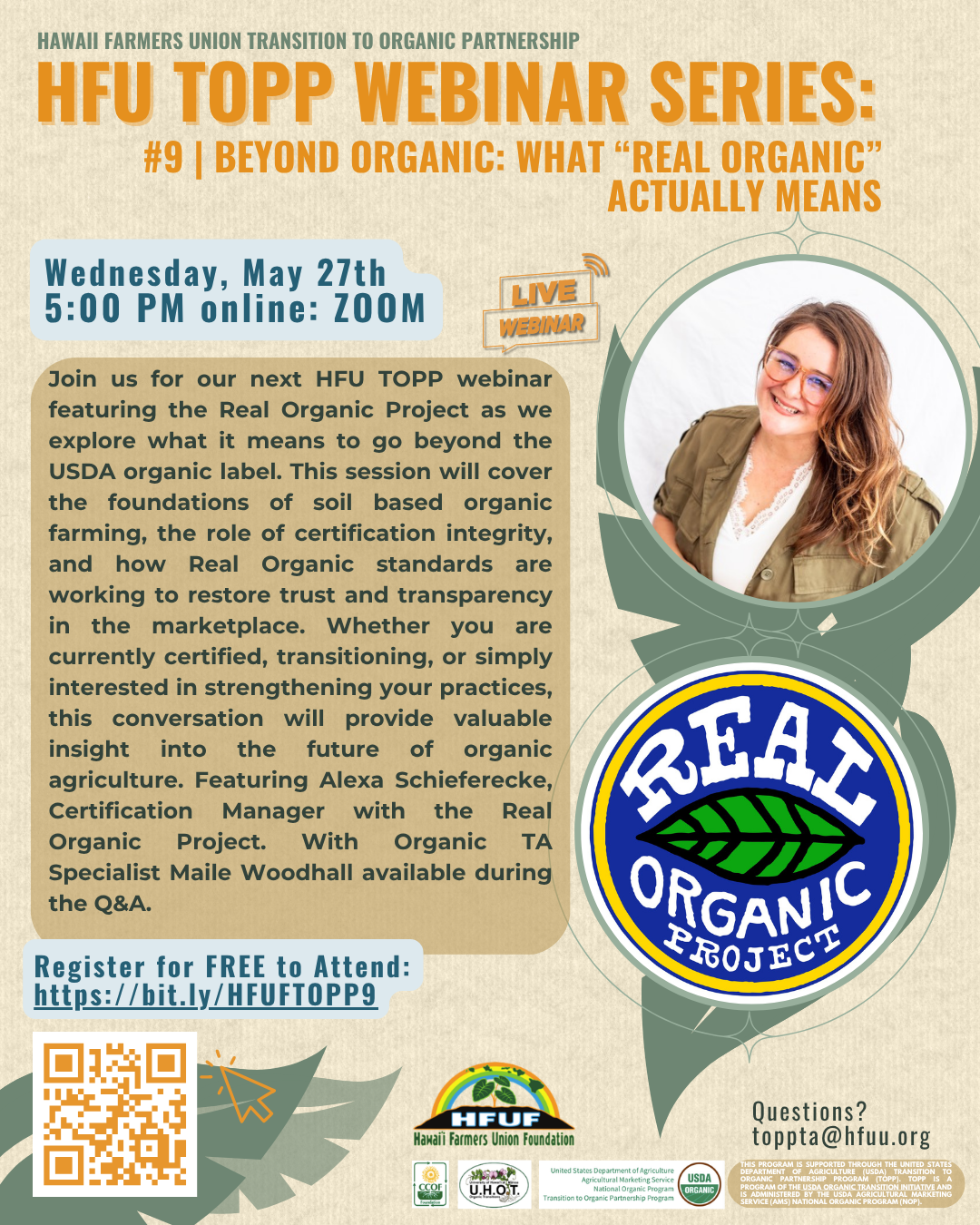 HUF webinar poster with woman holding produce, “Beyond Organic,” Wednesday May 27th at 5 PM PT