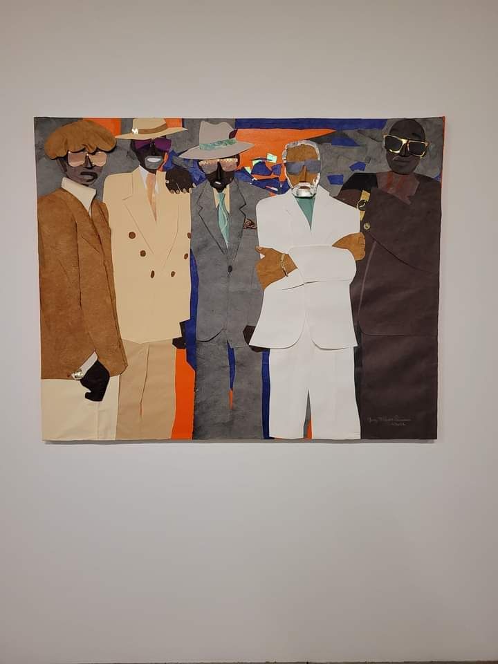 Mixed medium depiction of group of men by Judy Bowman