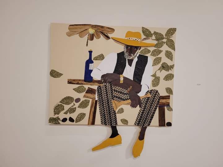 Mixed medium depiction of male sitting by Judy Bowman