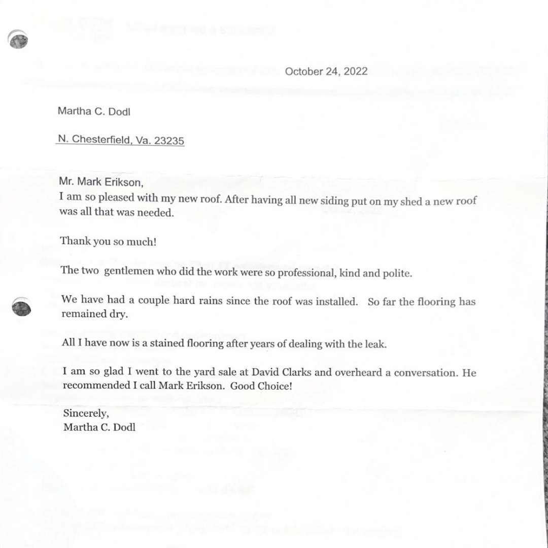 Image of a letter a RETEX client mailed in, about her experience in using RETEX to replace her roof. 