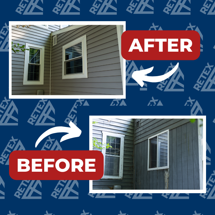 A graphic showing before-and-after photos of a RETEX insulated vinyl siding and window replacement in North Chesterfield VA.
