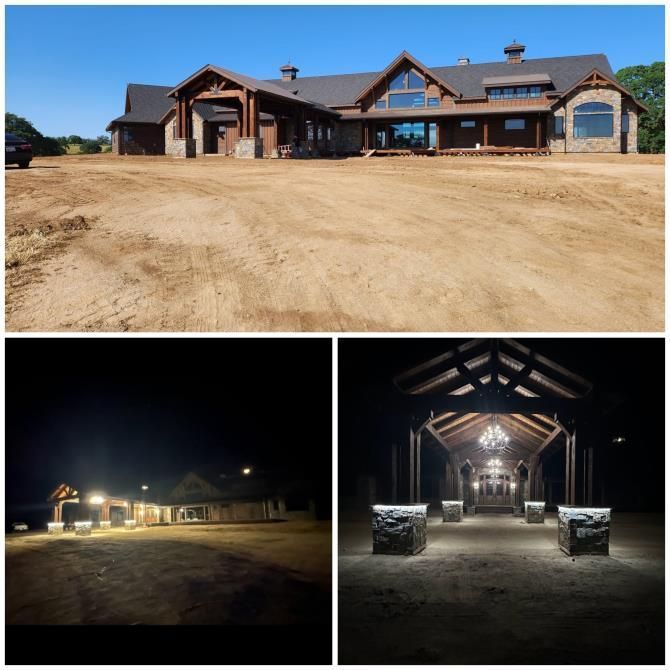 Large rustic house and covered entryway, shown in daytime and at night with exterior lights illuminated.