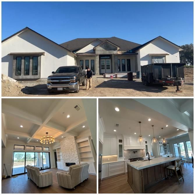 New white house exterior and bright open living room and kitchen interior views