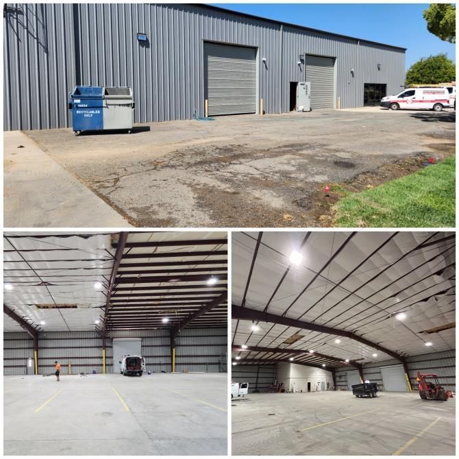 Gray industrial warehouse exterior and two interior views of large empty metal building with concrete floors
