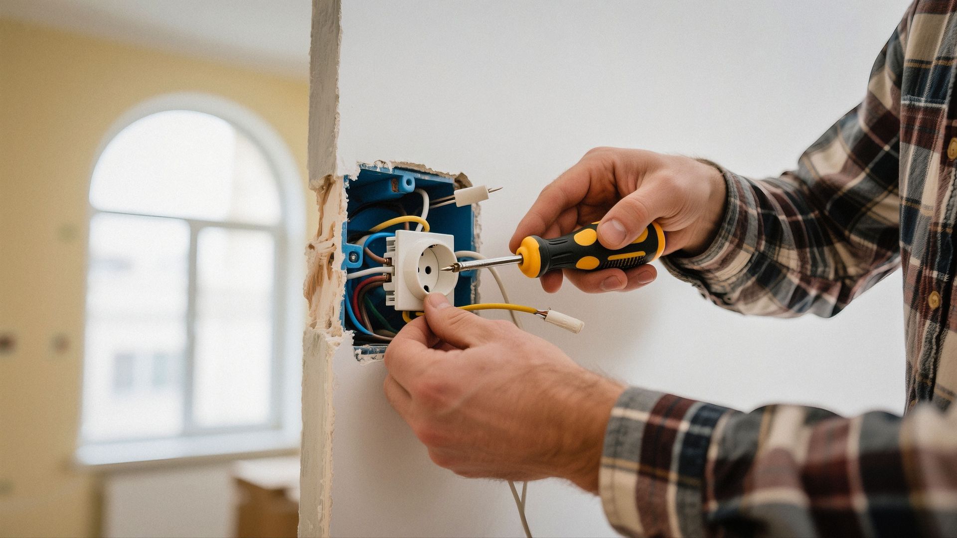 Electrician wiring a wall outlet with a screwdriver in a room under renovation