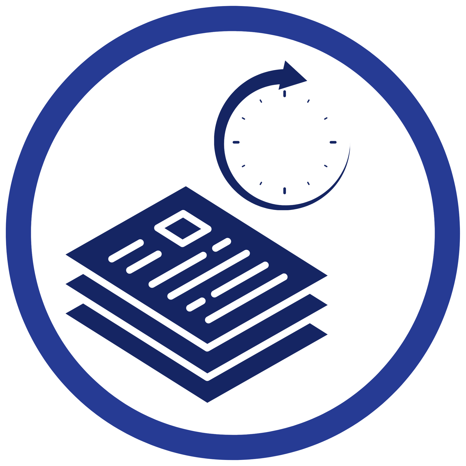 A dark blue icon inside a circle showing a stack of three documents with a circular arrow symbol above them.
