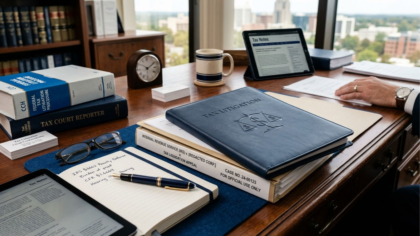 A cluttered mahogany desk in an office overlooking a city, featuring law books, a journal, a pen, and digital tablets.