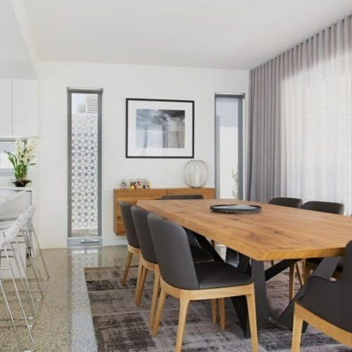 A dining room with a wooden table and chairs — Winning Blinds in Cardiff, NSW