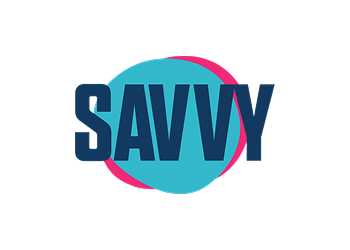 A blue and pink circle with the word savvy on it