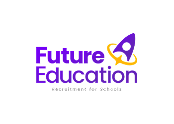 The logo for future education recruitment for schools is purple and yellow.