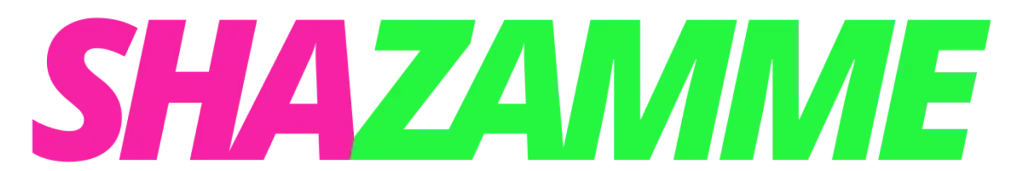 Shazamme is written in pink and green on a white background