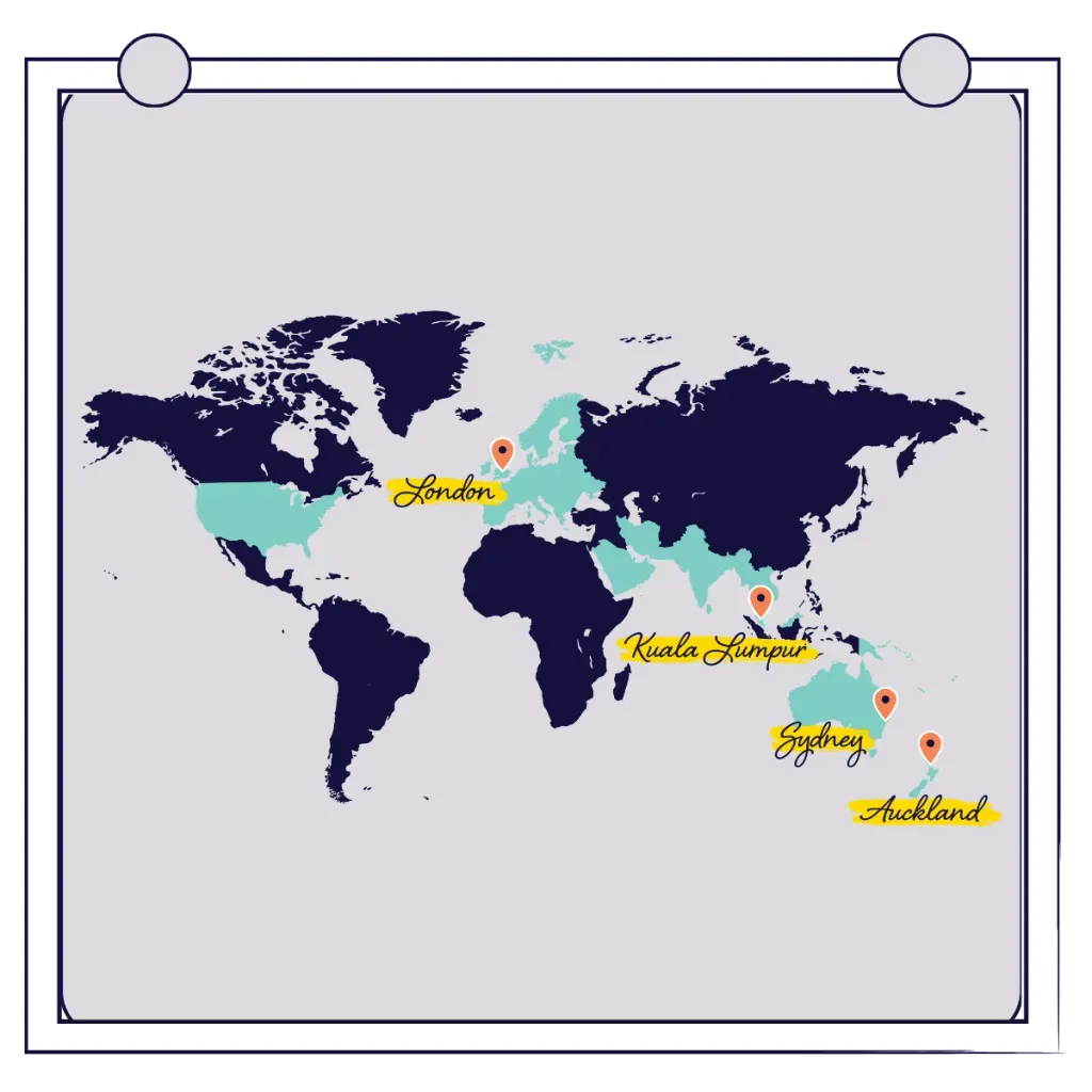 A map of the world showing various cities including sydney and auckland