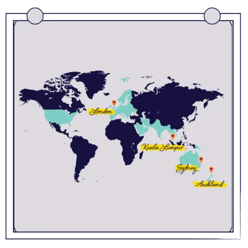 A map of the world showing various cities including sydney and auckland