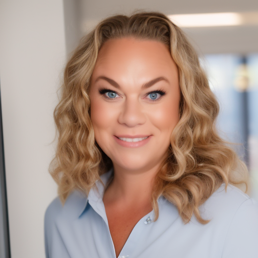 A woman with blonde hair and blue eyes smiles for the camera