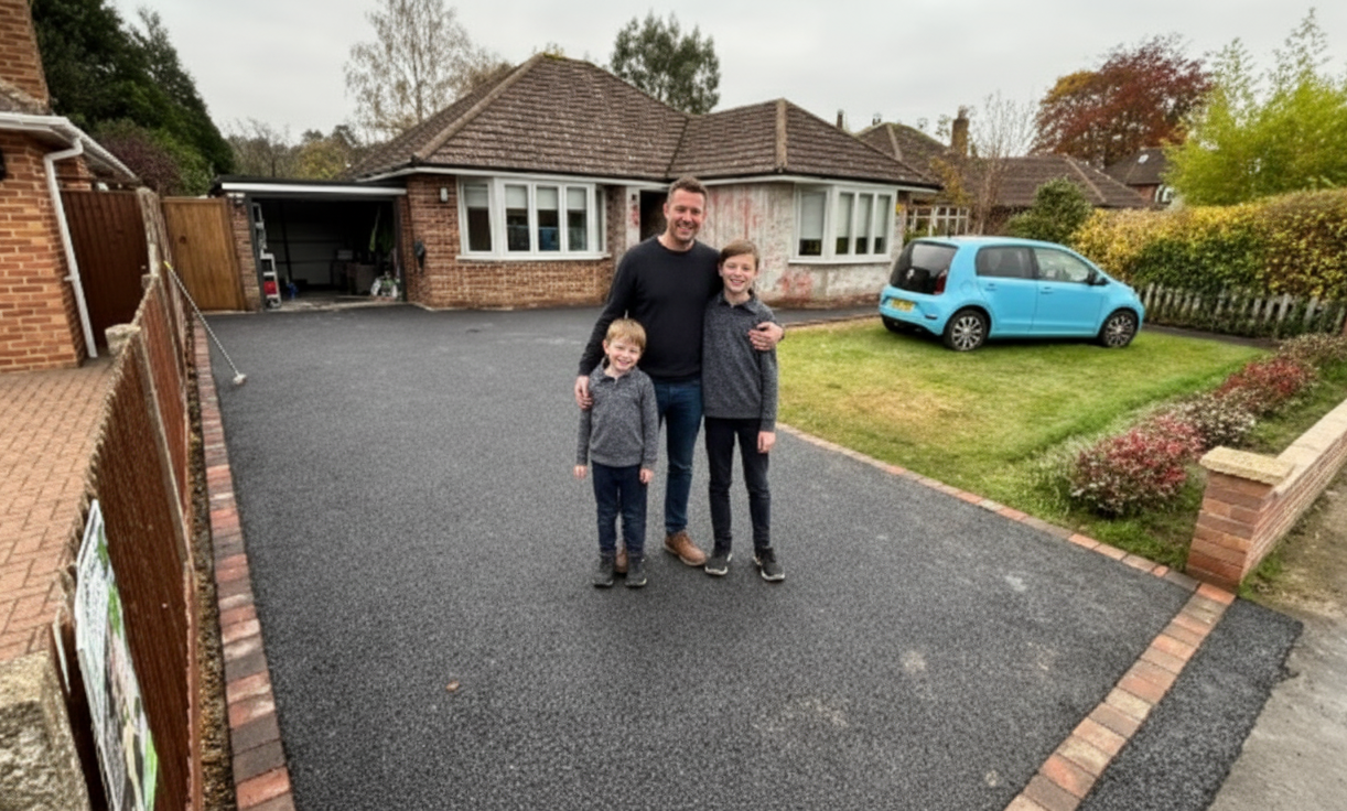 Man and two children standing on a newly paved driveway in front of a Woking bungalow with a blue car parked nearby.