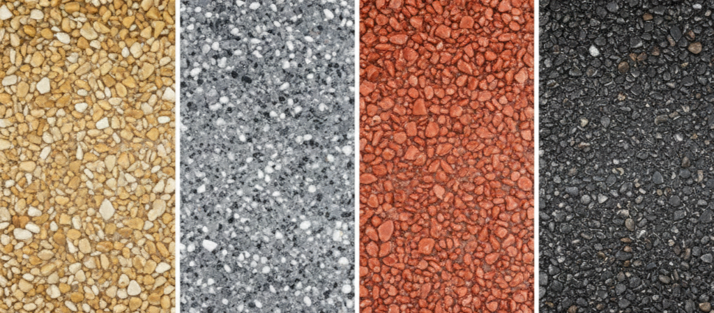 Side-by-side comparison of four resin driveway aggregate textures (tan, grey, red, and black) for Woking homeowners.