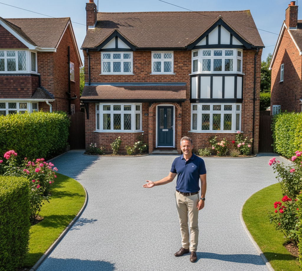 Satisfied homeowner with a newly landscaped resin driveway and well-maintained garden at a charming brick house in Woking, Surrey