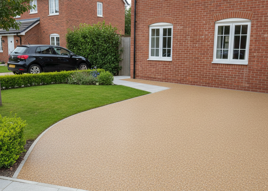 A beige resin-bound permeable driveway curves past a neat green lawn and brick house in Woking, featuring a parked black SUV, meeting SUDS compliance.