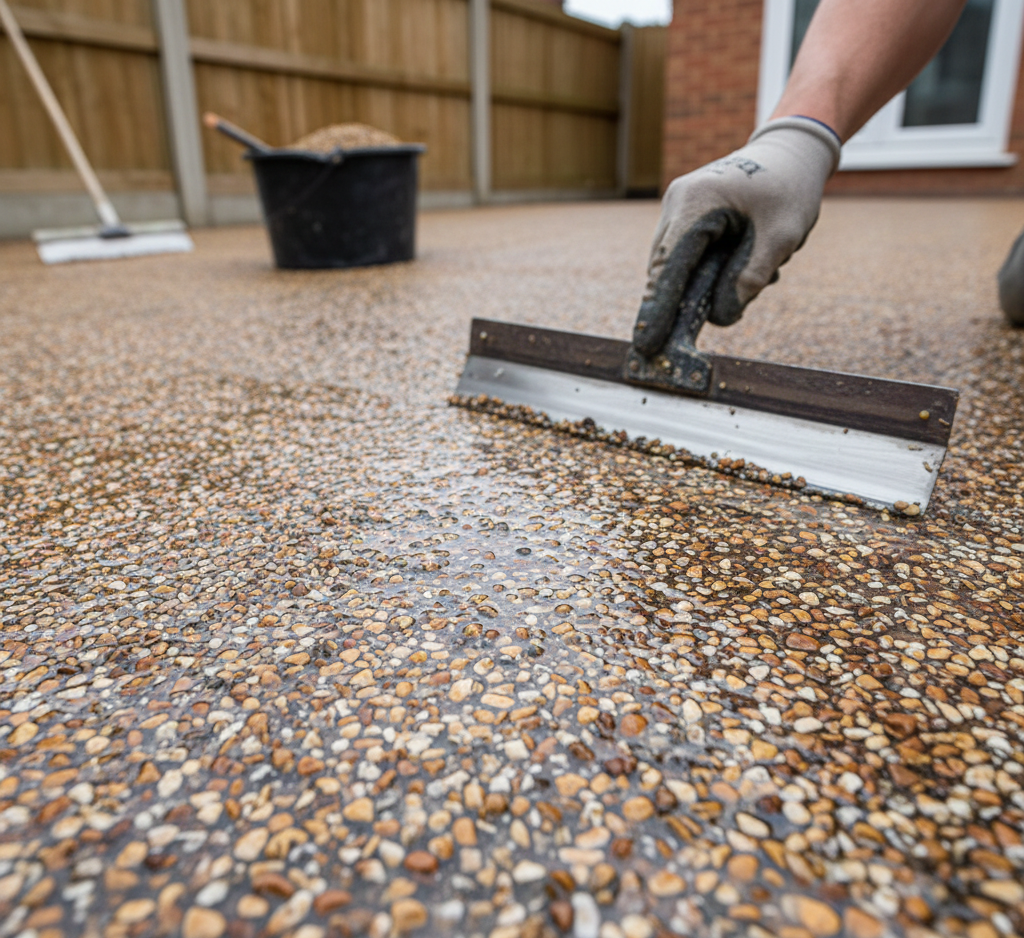 A worker in Woking smoothing a newly applied resin driveway surface with a trowel, showcasing the wet aggregate and resin mixture.