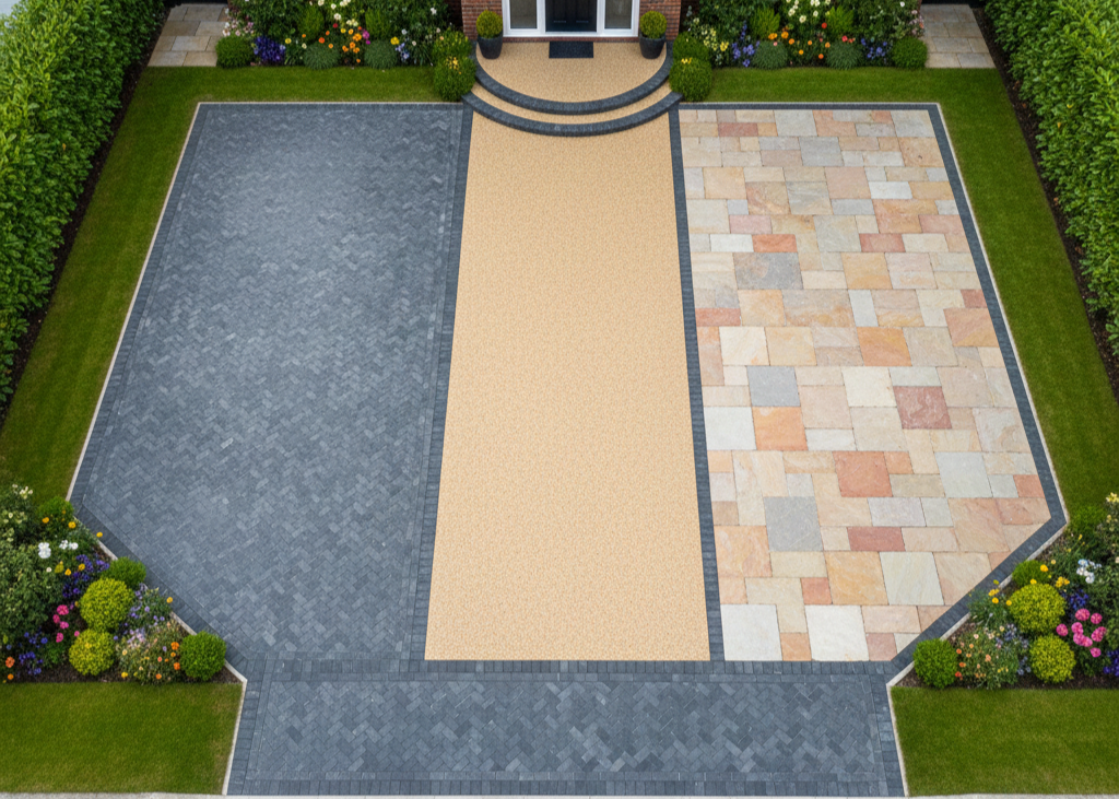 Driveway with three distinct sections: gray pavers, tan gravel, and multi-colored stone. Green lawns and shrubs border.