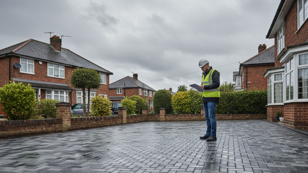 A professional Woking driveway paver inspecting while standing on a freshly laid brick driveway in a Surrey residential area.