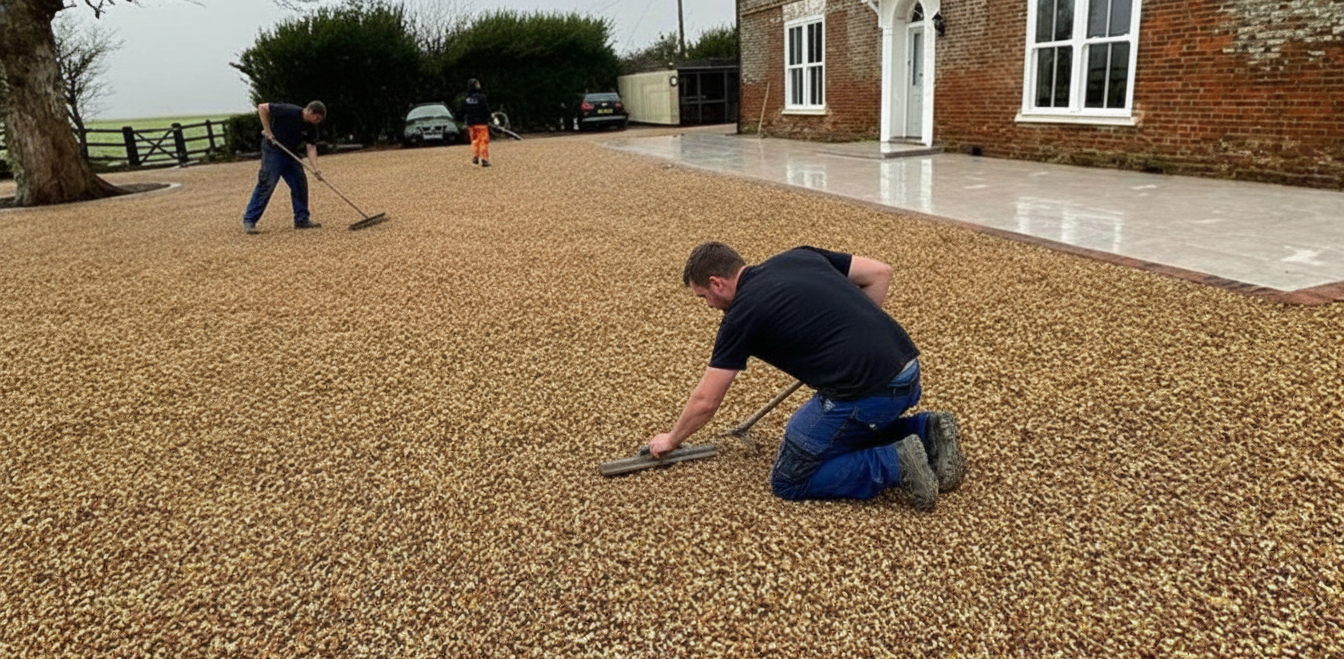 The Surrey Hills Driveways & Landscaping team working on a resin driveway in Woking. Workers are raking and smoothing the gravel surface near a brick house under a cloudy sky.