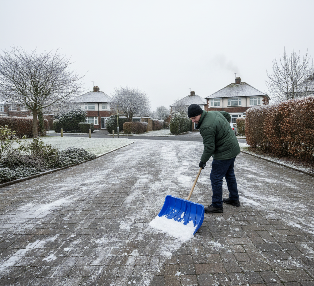 Man shovelling snow from a brick driveway in a Woking residential neighbourhood, with detached houses and bare trees in the background.