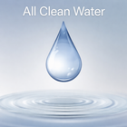 A single water droplet falling toward a calm, rippling pool of water, with the text "All Clean Water" above it.