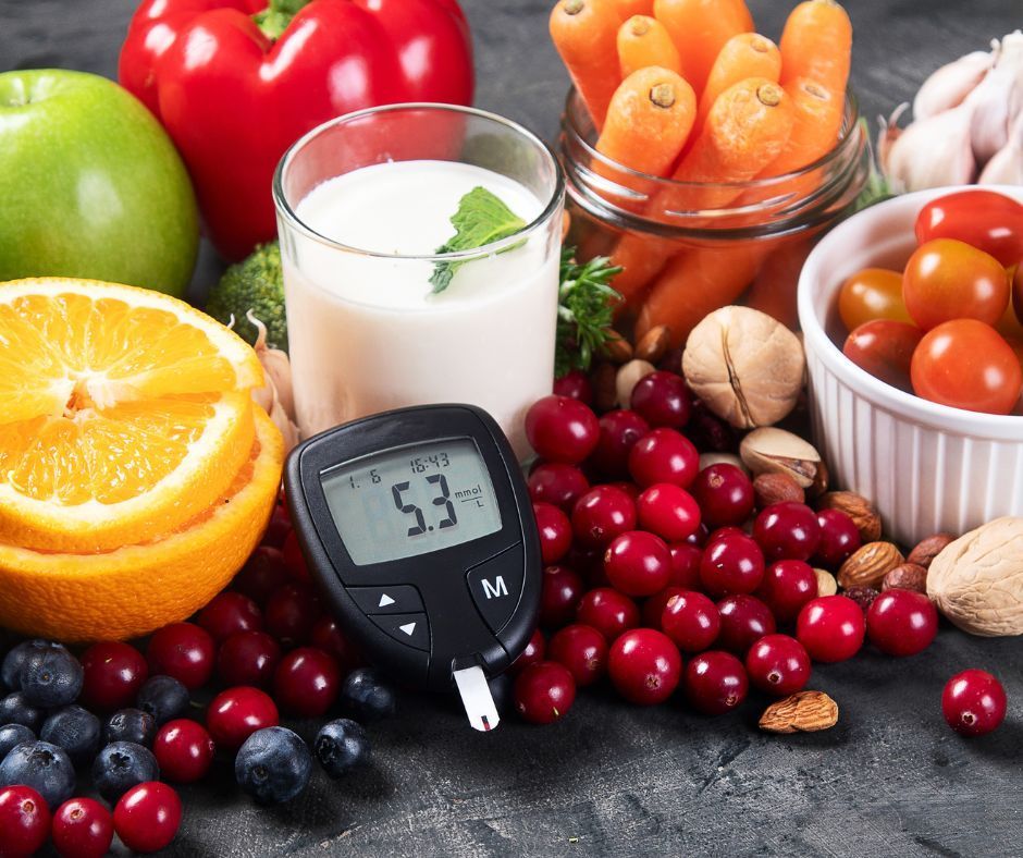 Healthy foods for diabetes with a blood glucose meter.