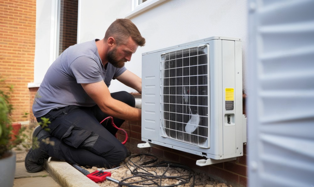 a man is kneeling down fixing an air conditioner on the side of a house .