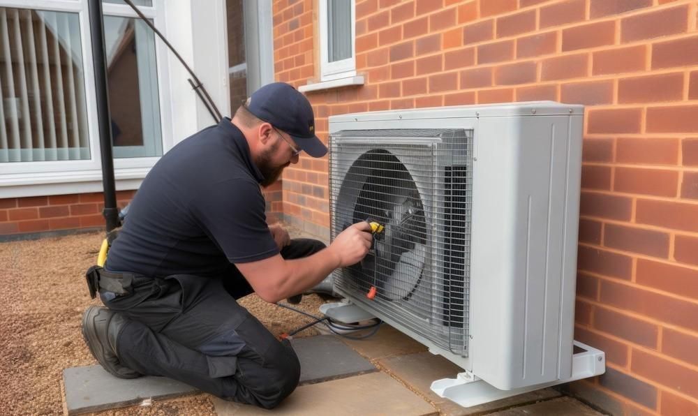 a man is kneeling down next to a fan on the side of a brick building .