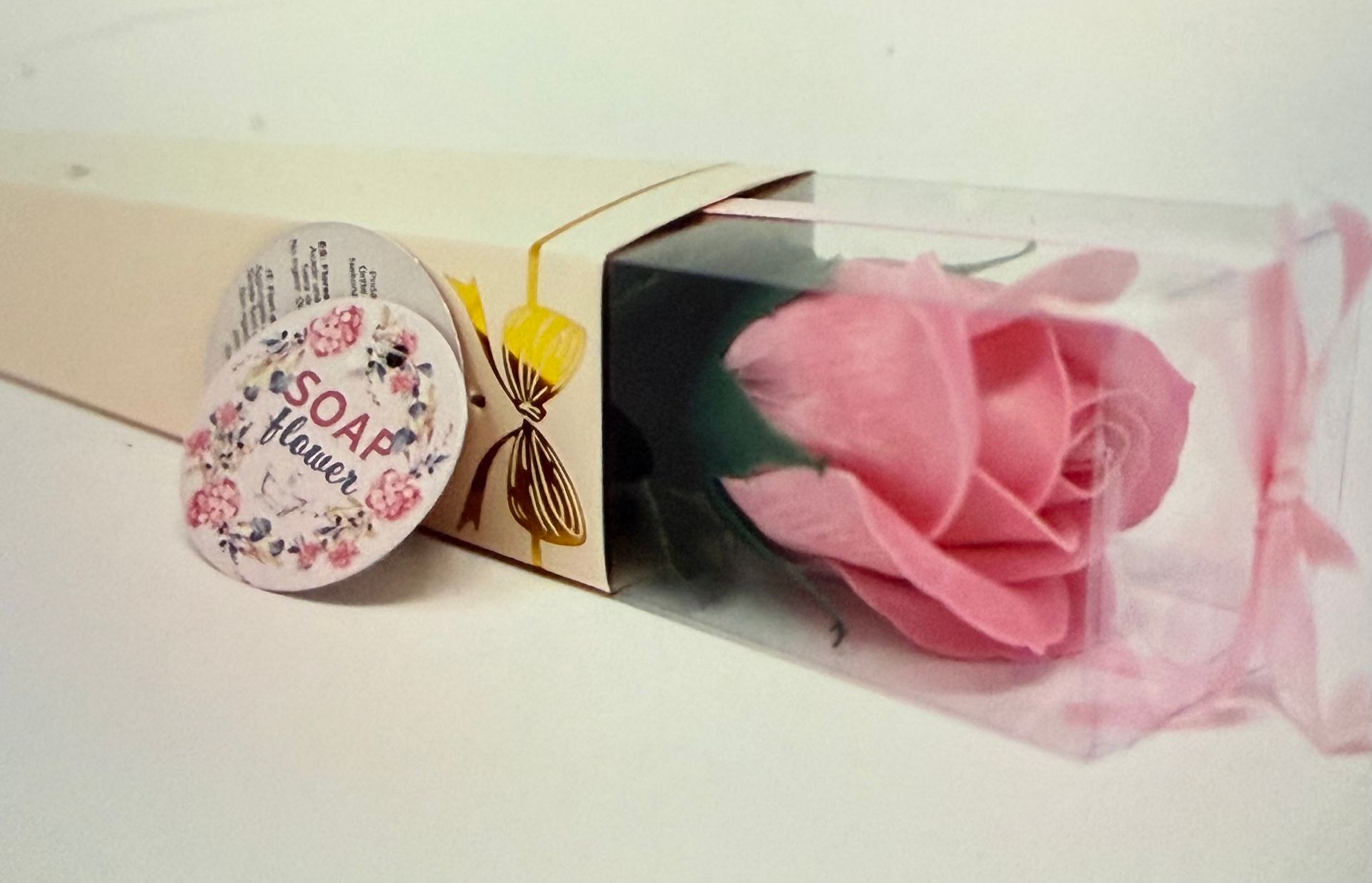 Rode roos in een transparant doosje, vastgebonden met een roze lint, op een ondergrond van boomschors.