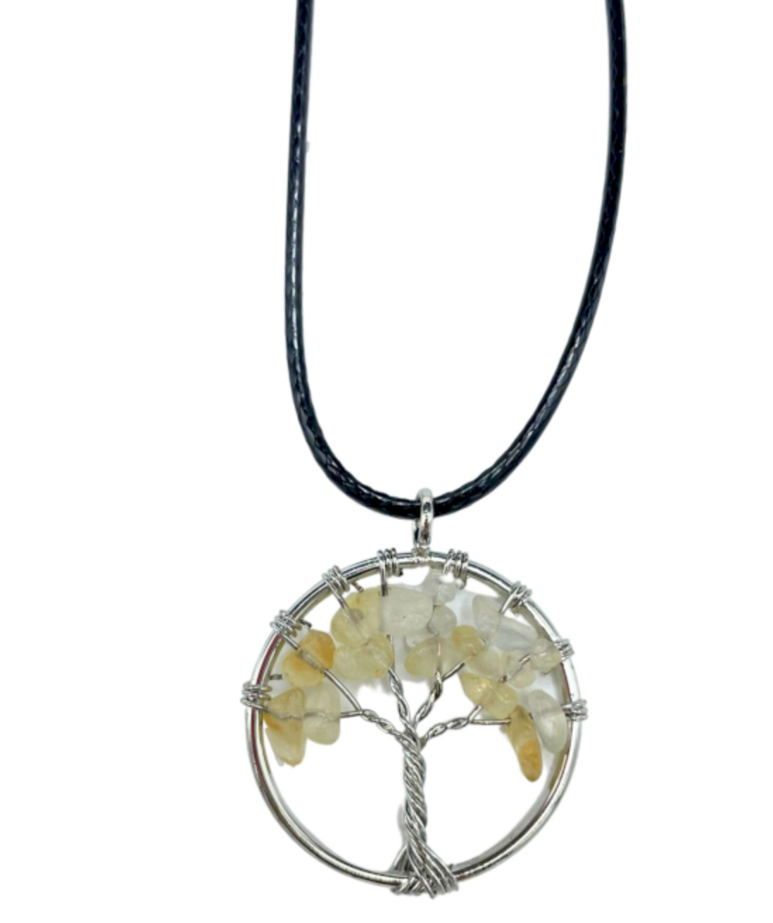 Levensboom hanger ketting met gele kristallen en een zwart koord.