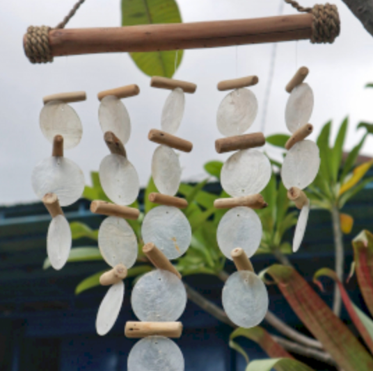 Een windgong van drijfhout en schelpen, hangend aan een houten balk.