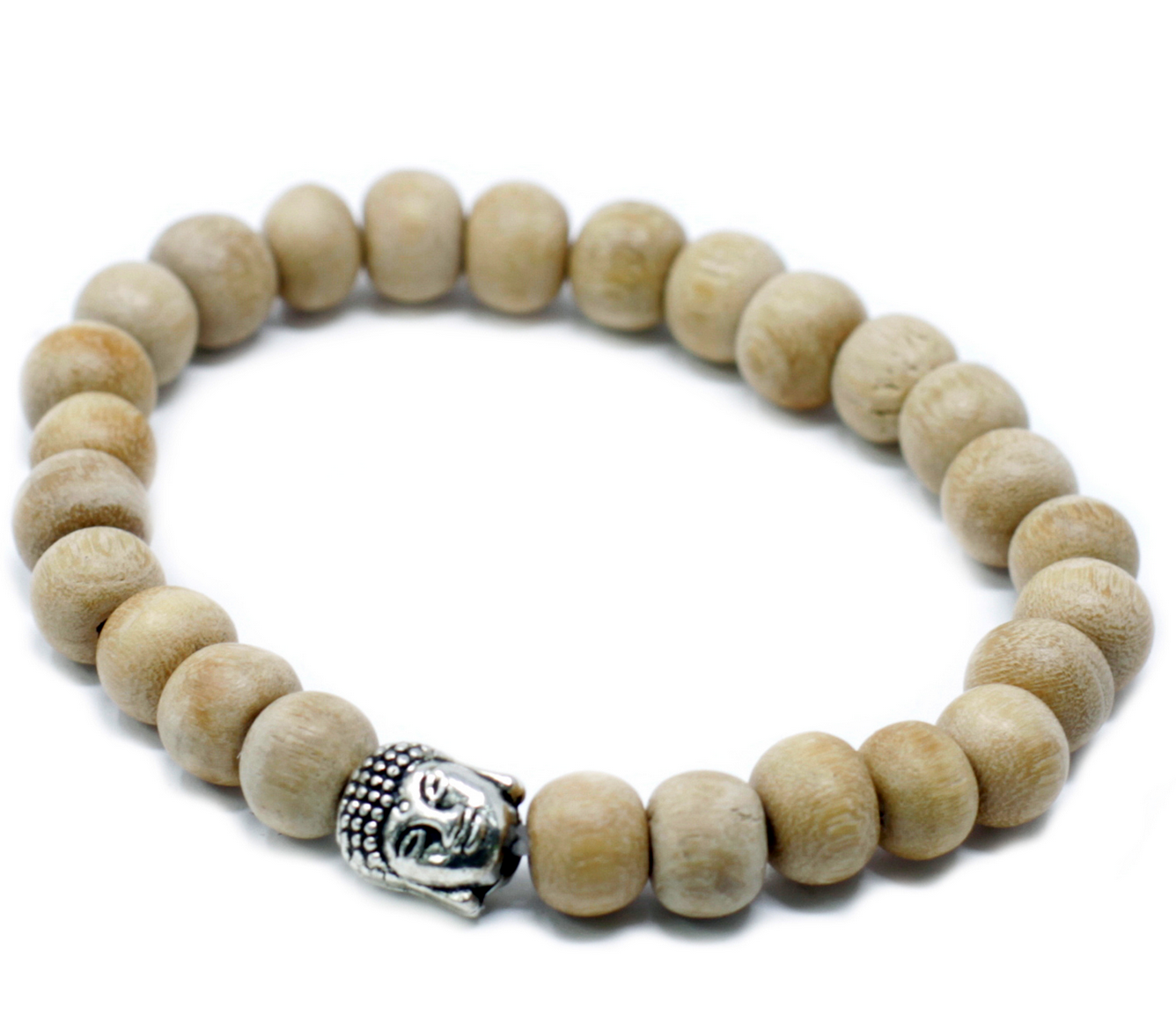 Kralenarmband met houten kralen en een zilveren Boeddha-hanger.