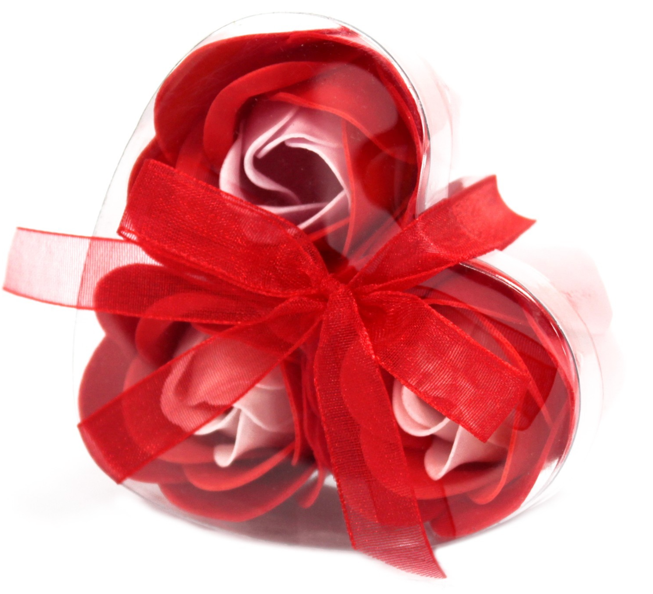 Rode en roze zeeprozen in een hartvormig, transparant potje, vastgebonden met een rood lint.