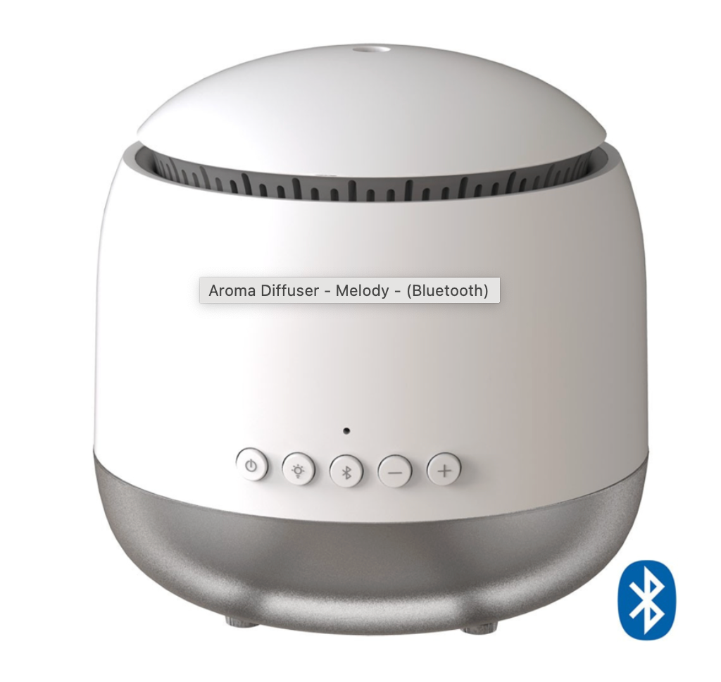 Witte aromadiffuser met Bluetooth, zilverkleurige voet en bedieningsknoppen.