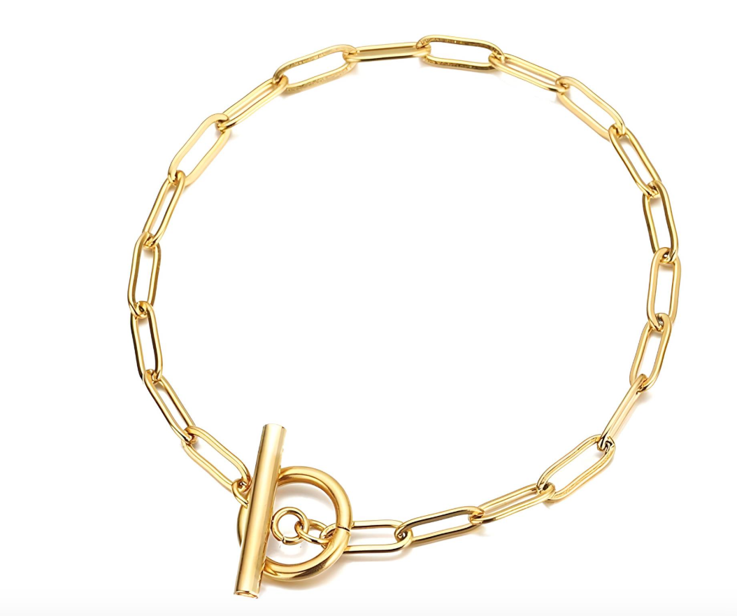 Gouden schakelarmband met knevelsluiting.