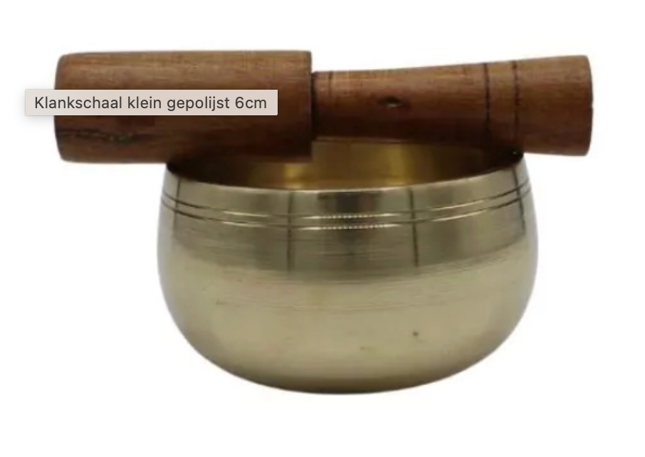 Kleine messing klankschaal met houten klopper, witte achtergrond.