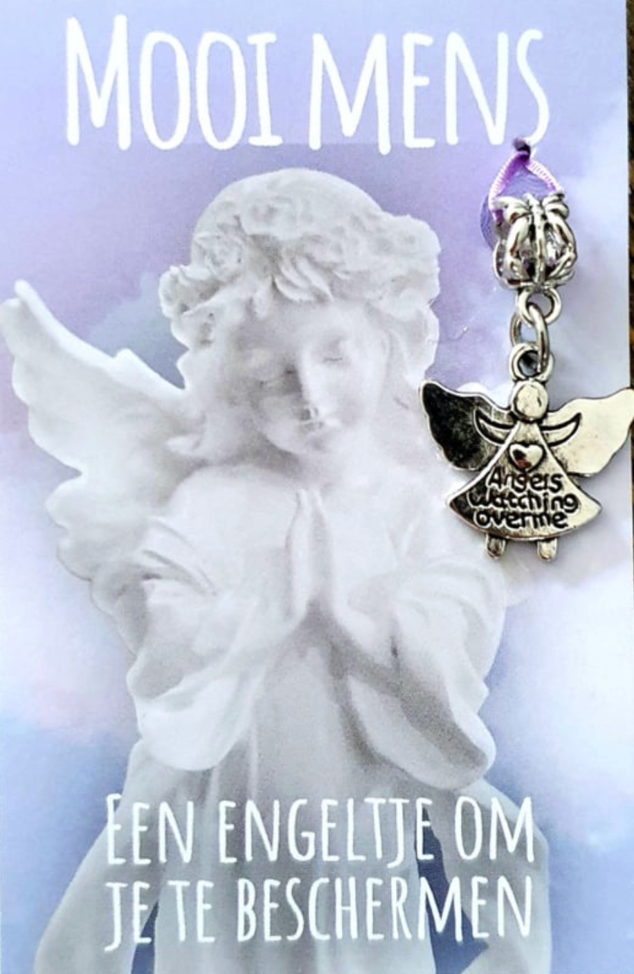 Kaart met engelbeeldje en bedeltje; tekst 