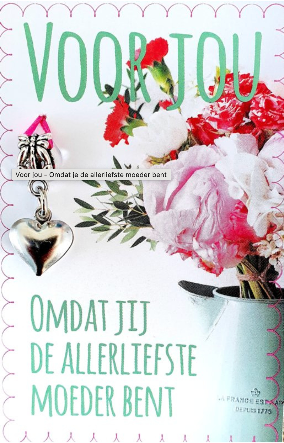 Kaart met bloemstuk en tekst in het Nederlands: 